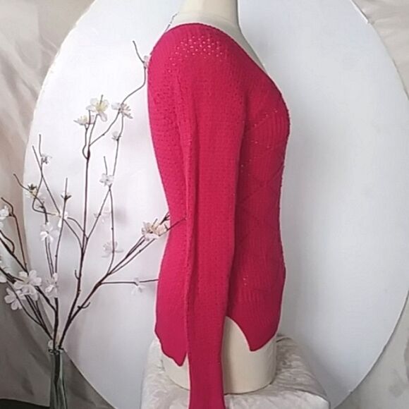 SO Sweater Hot Pink Metallic Thread Scoop Neck Tunic Hi Low Split Hem Y2… - Picture 5 of 15